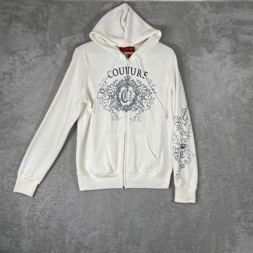 Zoey & Beth Hoodie Womens Large White Couture Rhinestone Zip Up Y2K Grunge